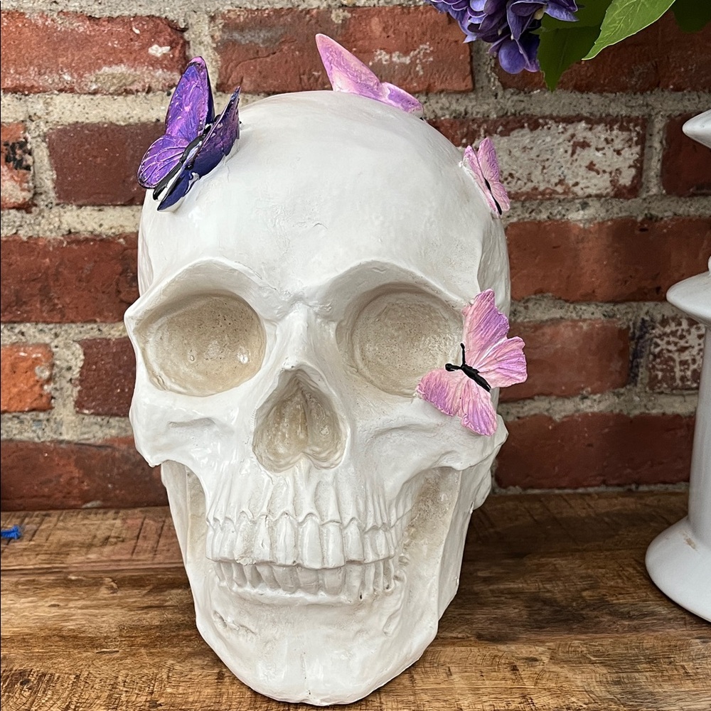 White Skull Decor with Purple Butterflies